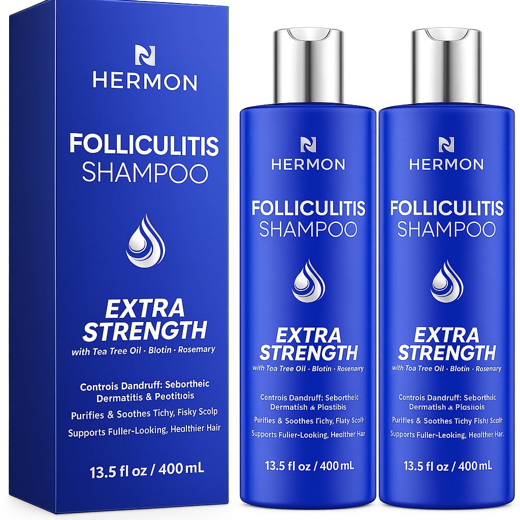 Hermon Folliculitis Shampoo for Itchy Scalp: Psoriasis, Dandruff & Seborrheic Dermatitis & Biotin – Soothes | Exfoliates | Reactivates Follicles 2 Packs