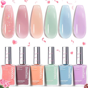 Beetles Jelly Nail Polish Set,6 Colors Pink Nude Jelly Quick Dry Nail Polish Fingernail Fast Drying & Long Lasting Nail Strengthener Polish Gifts for Women