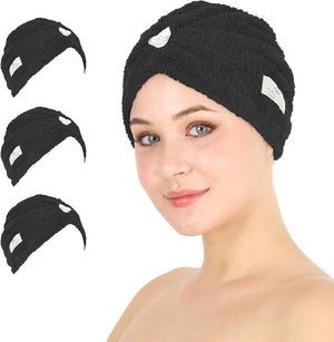 HALLEY Cotton Hair Towel Wrap (3 Packs) Super Absorbent Fast Drying Turbans for Thick, Wet Hair with Button (Black, Grey, Pink)