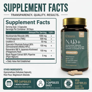 Otium NAD+ Supplement for Women & Men - 1000mg Nicotinamide Riboside with TMG, Resveratrol, Quercetin & Urolithin A | NAD Booster for Cellular Energy, Healthy Aging & Metabolism | 90 Vegan Capsules