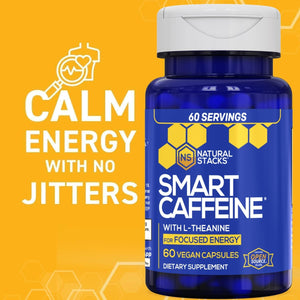 NATURAL STACKS Smart Caffeine Pills - 100mg Caffeine + 200mg L-Theanine Supplement - Supports Energy and Focus - No Jitters and No Crash - 60 Capsules