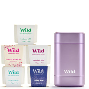 Wild - The Full Monty Aluminum Free Deodorant Starter Kit for Men - Refillable Stick Deodorant with Purple Case & Zero Plastic Vegan Refills in a Variety of Scents 5 x 1.4oz - Long Lasting Protection