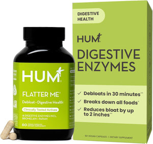 HUM Flatter Me Extra Strength Digestive Enzymes for Women, Men, Digestive Gut Bloating Supplement, Ginger, Peppermint Leaf, Fast Acting Anti Bloat Pills Multi Enzyme for Debloating, 60 Capsules