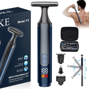 Back Shaver for Men, Ultra-Wide 2" T-Shaped Head, Travel Case, LED 4 in 1 Mens Back Shaver Rechargeable with Long Handle, Safety Lock, IPX7, Multi-Functional Back Trimmer for Men, (Flat Black)