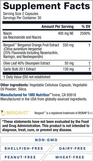 1MD Nutrition CholestMD with Olive Leaf Extract, Bergavit, Niacin, Garlic | 60 Capsules