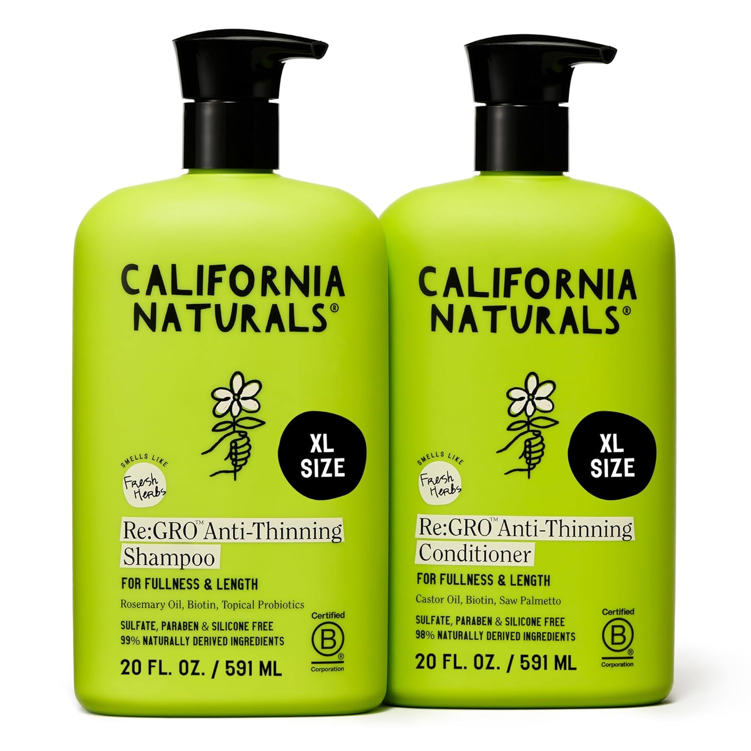 California Naturals Re:GRO Shampoo and Conditioner Set, Anti-Thinning & Hair Growth Support, All Hair Types, Vegan, Natural, Cruelty Free, Silicone, Paraben & Sulfate Free for Women & Men, 20 oz