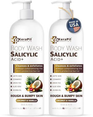 Salicylic Acid Body Wash - Skin Non-drying, Gentle Exfoliates Rough and Bumpy Skin, Body Acne Wash, BHA & AHA - Unscented Exfoliating Body Wash, Made in USA - (16 fl oz x 2)