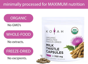 KOYAH - Organic Milk Thistle Capsules – Sprouted & Freeze-Dried – 700 mg per Capsule - Liver Support* - 150 Capsules (50 Servings)