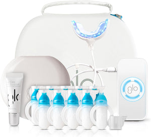 GLO Science So Brilliant Tooth Whitener Set – Fast, Sensitivity Free Teeth Whitening Technology – Includes Warming Mouthpiece with LED Light, 6% Hydrogen Peroxide Gel Pods, Lip Balm, & Travel Case