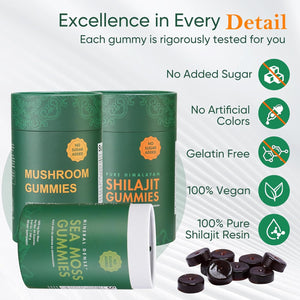 Bundle of Shilajit, Sea Moss & Mushroom Gummies with Lions Mane, Reishi, Cordyceps, Ashwagandha, 75%+ Fulvic Acid, 92+ Minerals All in 1 Supplements (1 Pack)