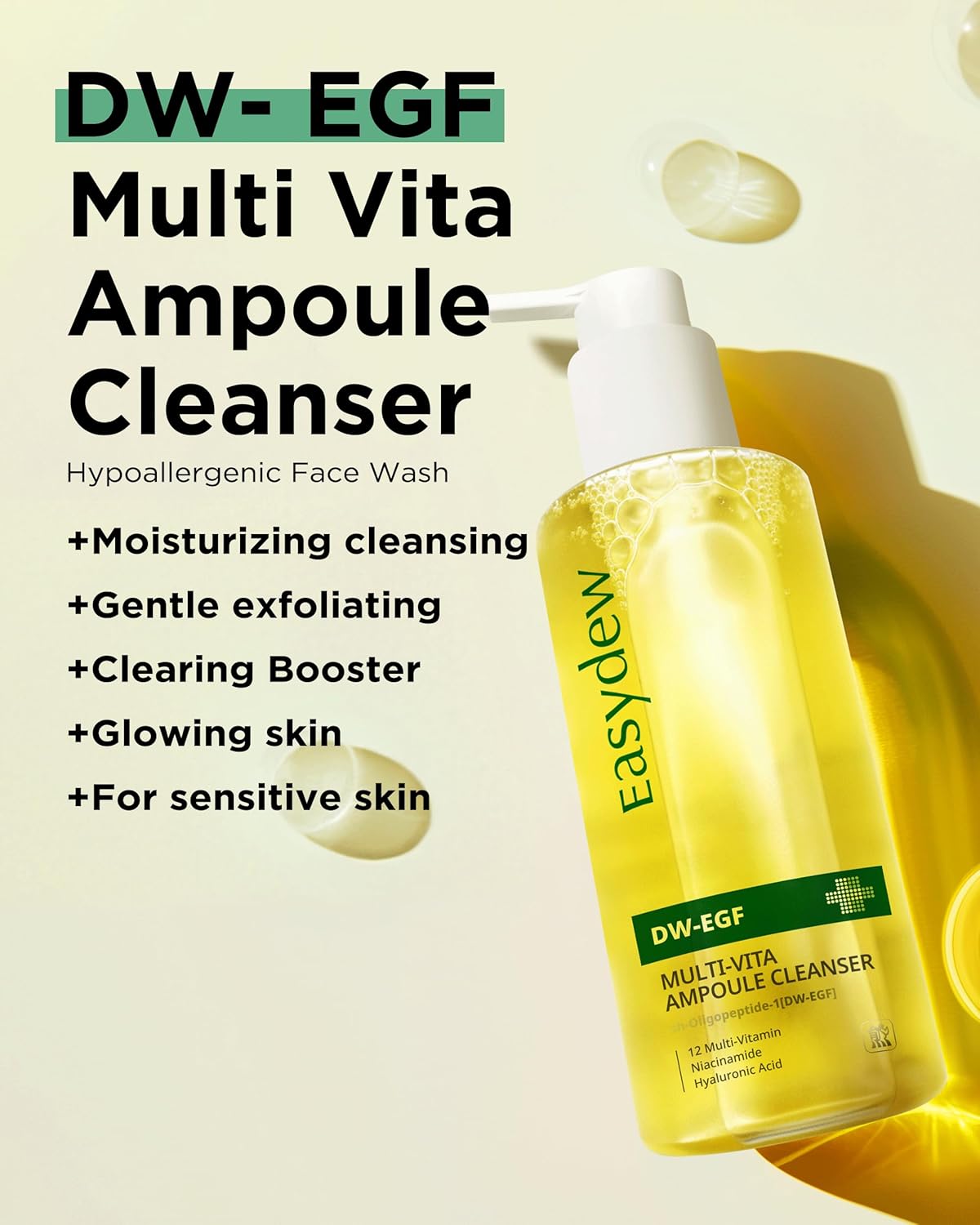 EASYDEW DW-EGF Multi Vita Ampoule Cleanser – Hypoallergenic Face Wash for Sensitive Skin with High-Concentration EGF Peptide, Multi-Vitamins and Hyaluronic Acid - Ampoule to Bubble Foam, 6.76 fl.oz.