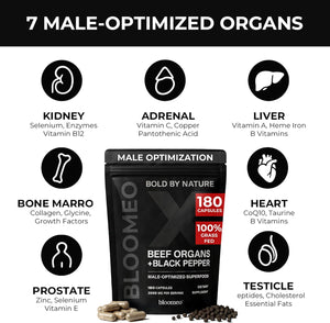 Beef Organ Supplement for Men | 100% Grass Fed Beef Liver Capsules with Bull Testicle, Prostate, Bone Marrow & More X: Ancestral Superfoods for Vital Energy, Immunity & Men’s Health, 180 ct