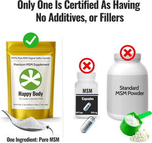 Organic Sulfur Crystals | 99.9% Pure MSM | Joints, Hair & Skin | 1 Pack | Organic Sulfur Crystals | 99.9% Pure MSM | Joints, Recovery, Hair, Skin & Much More | 100% Additive-Free | By Happy Body™