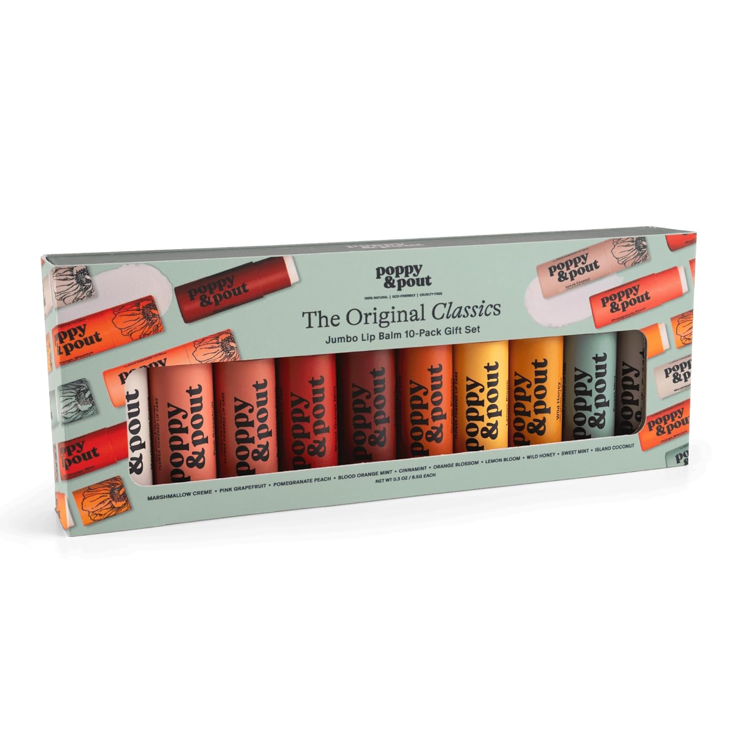 Jumbo Lip Balm Gift Set (10-Pack) | Poppy & Pout All Natural Lip Balms & Moisturizers | Hydrates with Beeswax, Vitamin E, Organic Coconut Oil | Cruelty-Free | Lip Balm in Recyclable Cardboard Tube