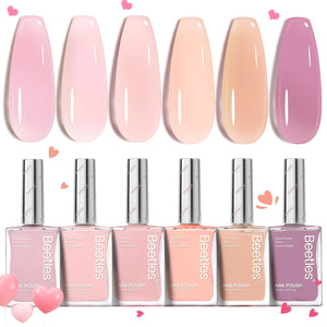 Beetles Jelly Nail Polish Set,6 Colors Pink Nude Jelly Quick Dry Nail Polish Fingernail Fast Drying & Long Lasting Nail Strengthener Polish Gifts for Women