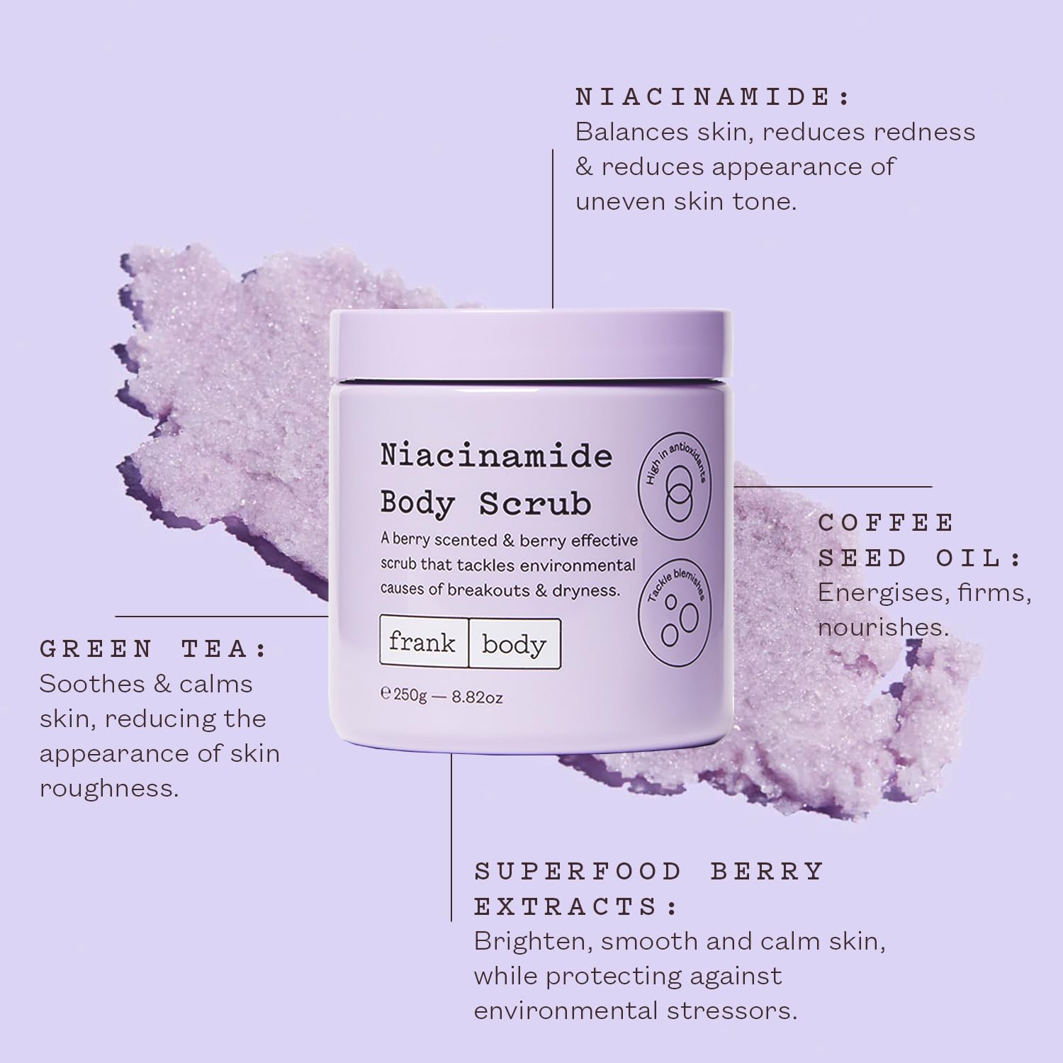frank body Niacinamide Body Scrub | Fights Breakouts & Dryness | Exfoliating Body Scrub | Berry Extracts & Green Tea | Berry Scent | Vegan & Cruelty Free | 250g / 8.82 oz