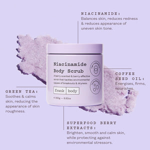 frank body Niacinamide Body Scrub | Fights Breakouts & Dryness | Exfoliating Body Scrub | Berry Extracts & Green Tea | Berry Scent | Vegan & Cruelty Free | 250g / 8.82 oz