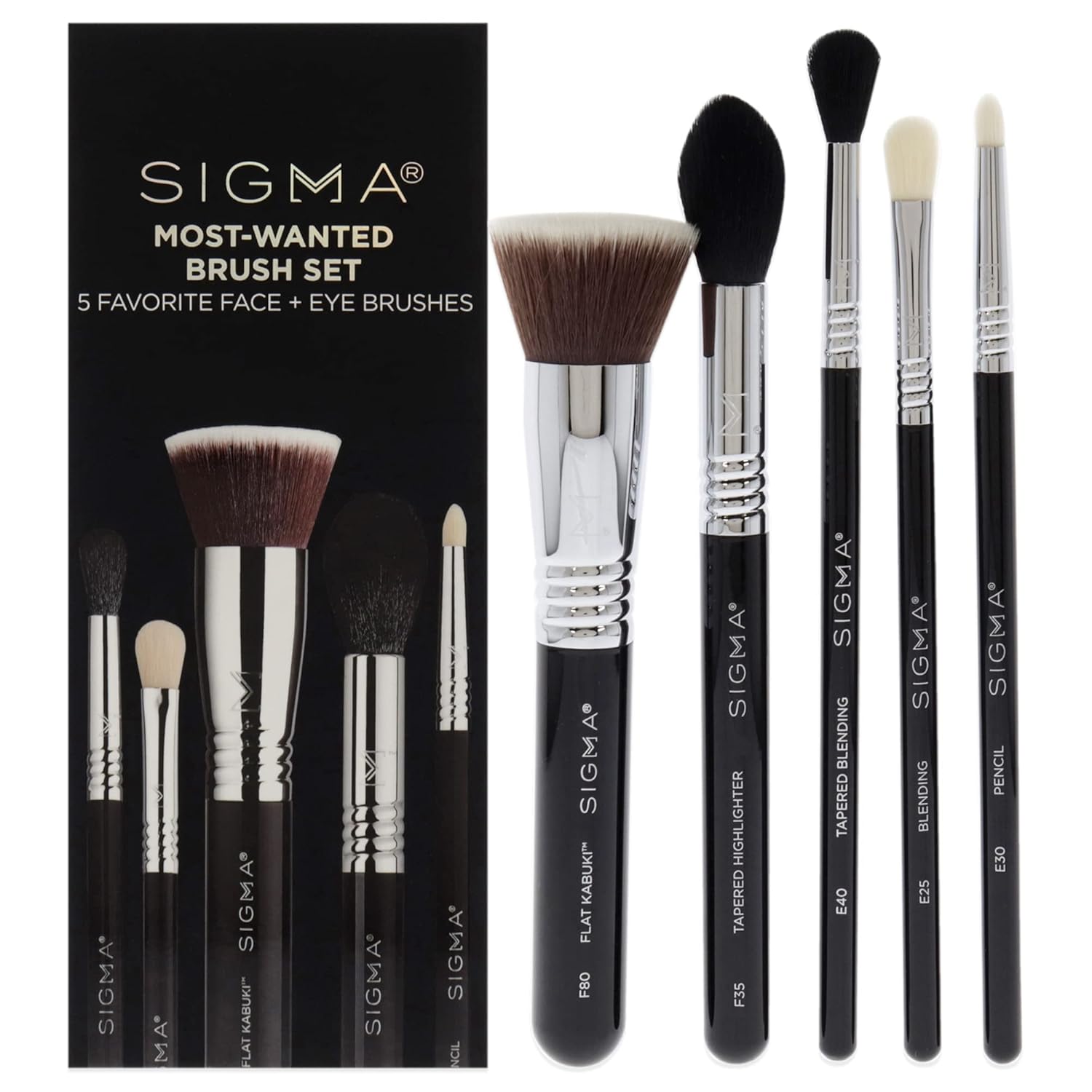 SIGMA Beauty Most Wanted Makeup Brush Set – Set of 5 Favorite Makeup Brushes for Foundation, Highlighter, Eyeshadow, Pencil Liner, and Blending (5 pcs)