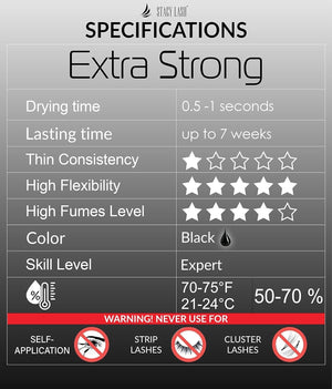 STACY LASH Extra Strong Eyelash Extension Glue (0.34fl.oz / 10ml) / 0.5-1 Sec Dry/Retention – 8 Weeks/Black Adhesive/Lash Tech Supplies + Glue Ring