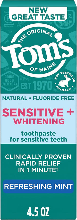 Tom's of Maine Rapid Relief Plus Sensitive Teeth Toothpaste, Fluoride Free, Gentle Mint, 4.5 Oz, 3 Pack, Clinically Proven Enamel Safe, Builds Arginine and Calcium Shield Around Teeth