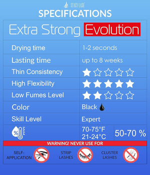 STACY LASH Extra Strong Evolution Eyelash Extension Glue (0.17fl.oz / 5ml) / 0.5-1 Sec Dry/Retention – 8 Weeks/Black Adhesive/Lash Tech Supplies + Glue Ring