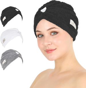 HALLEY Cotton Hair Towel Wrap (3 Packs) Super Absorbent Fast Drying Turbans for Thick, Wet Hair with Button (Black, Grey, Pink)