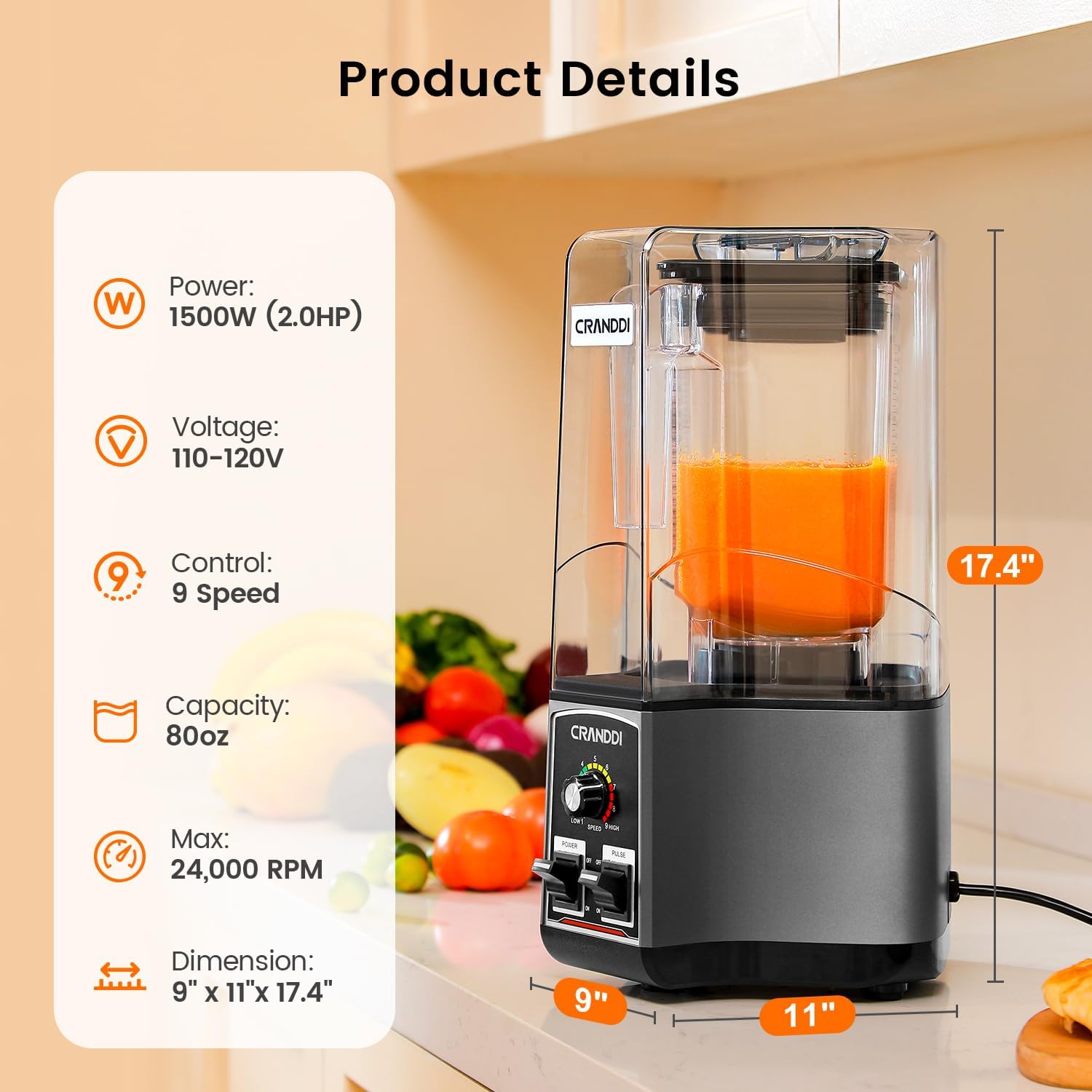 Commercial Blender for Crushing Ice, Chopping, Grinding, Blending, 1500W 80oz Blender with Tamper and Removable Soundproof Cover, K85 (Grey)