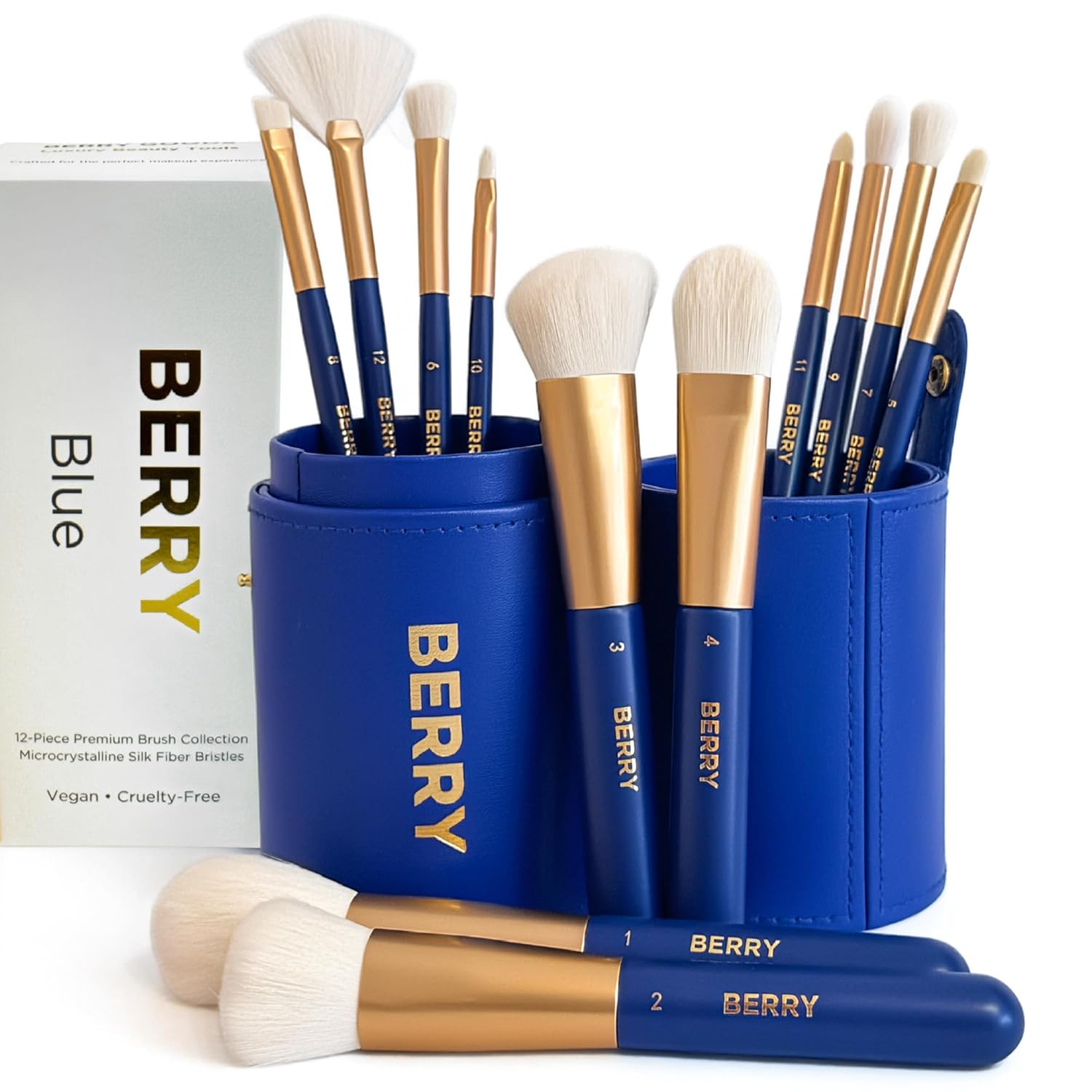 BERRY GOODS 12-Piece Makeup Brush Set with Microcrystalline Silk Fibers – Ultra-Soft, Vegan & Cruelty-Free Face & Eye Brushes with Travel Case (BERRY Blue)