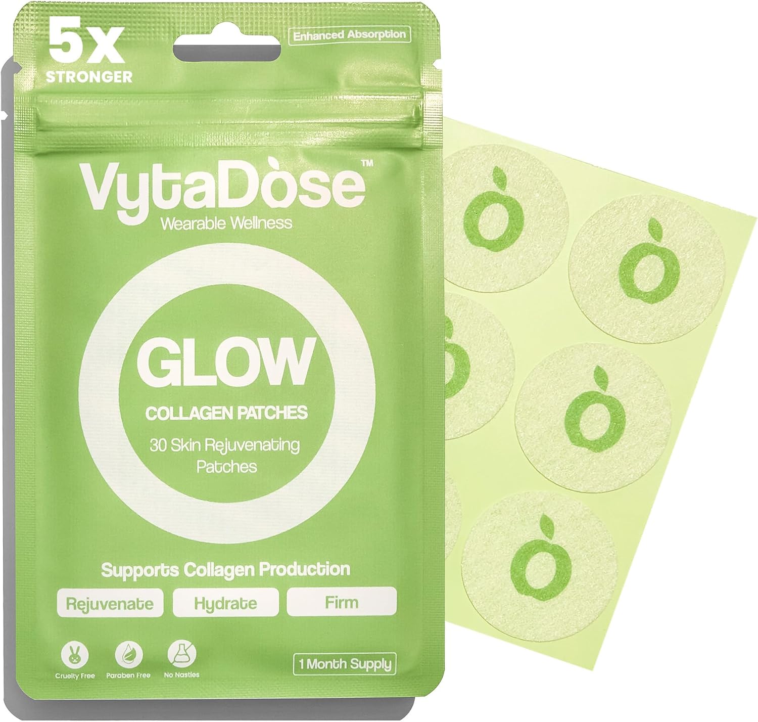 Vytadose Collagen Glow Beauty Restore Patches | 5X Stronger Formula | Collagen Peptides, Vitamin C, Pro-Retinol, Coq10, Hyaluronic Acid & Biotin for Hair Growth | Daily Patch for Skin & Hair Wellness