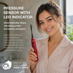 Wagner Stern IntelliBrush Series Whitening Electric Toothbrush with Pressure Sensor. Offers 4 Brushing Modes, 3 intensities, 8 Soft Brush Heads, and a Luxury Travel case.