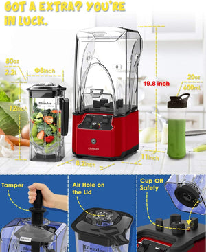 Commercial Quiet Blender, 2200 Watt Professional Countertop Blender with 80oz Pitcher, Built-in Pulse & 15-speeds Control, Smoothie Blender for Commercial and Home, K90 Red