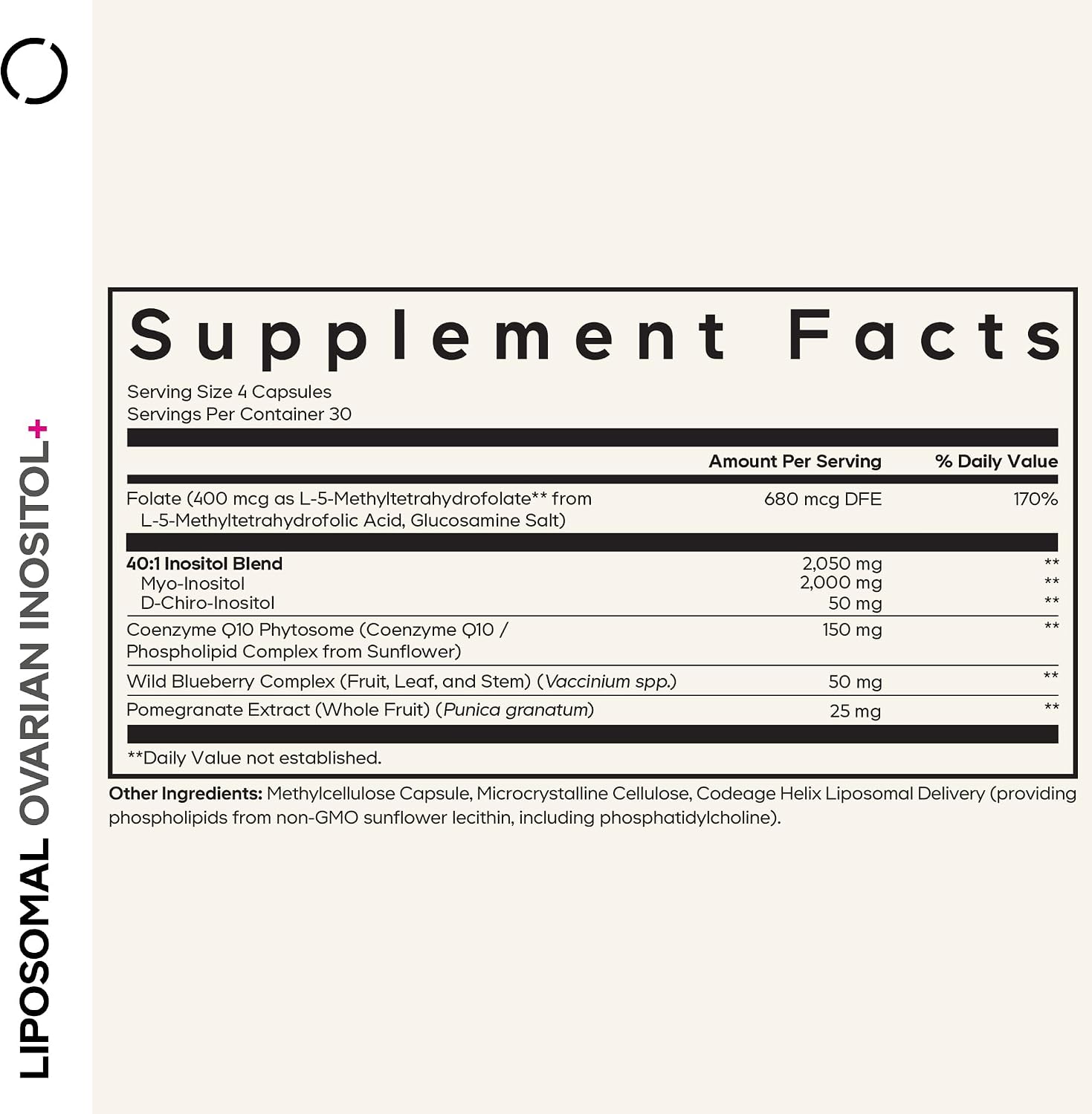 Codeage Liposomal Ovarian Inositol+ Supplement - Myo-Inositol & D-Chiro-Inositol 40:1 Blend, Folate 5-MTHF, CoQ10, Pomegranate & Wild Blueberry, Liposomal Delivery, Non-GMO, Gluten-Free - 120 Capsules