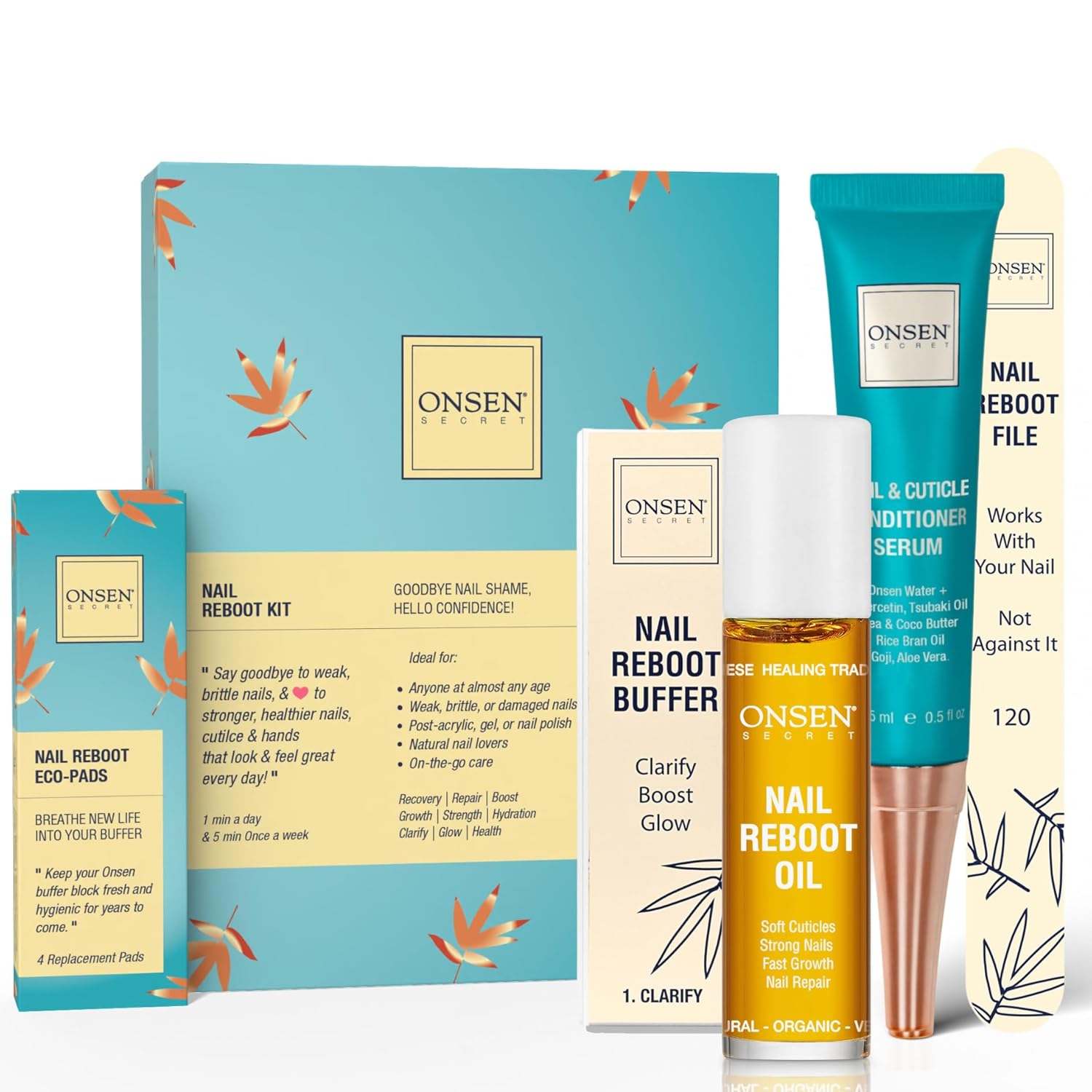 Onsen Secret Complete Nail Reboot Kit w/Cuticle Oil 10ml, Nail File 120/180 Grit Double Sided, A 3-Way Buffer Block & Cuticle Serum-15ml in Action | Super Value Pack