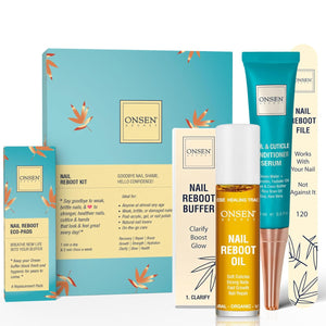 Onsen Secret Complete Nail Reboot Kit w/Cuticle Oil 10ml, Nail File 120/180 Grit Double Sided, A 3-Way Buffer Block & Cuticle Serum-15ml in Action | Super Value Pack