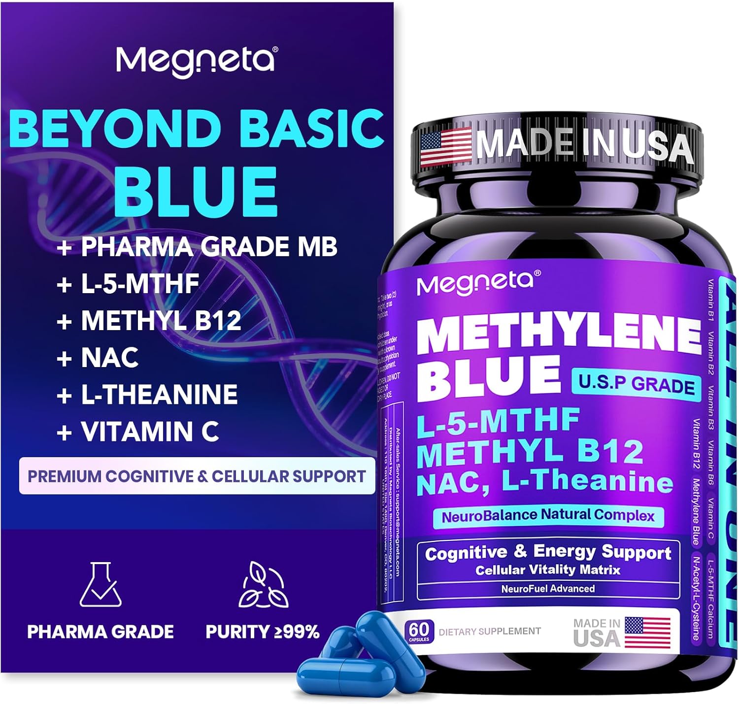 Methylene Blue Pharmaceutical Grade Capsules for Humans - Triple-Pathway Formula with Pure MB, NAC, L-5-MTHF, L-Theanine& Methyl B12 | Cognition, Mental Clarity, Cellular Energy & Antioxidant Support