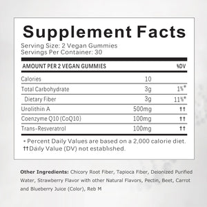 Urolithin A Supplement Gummies 500mg with Trans-Resveratrol, CoQ10 Mitochondrial & Cellular Energy Support for Healthy Aging, Muscle Strength & Longevity Vegan, Non-GMO, 60 Count