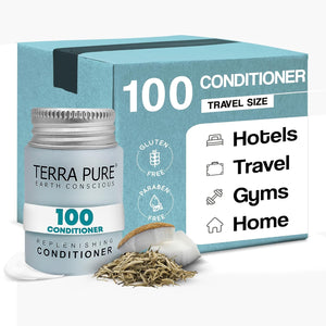 Travel Size Hotel Conditioner 100 Count 1oz Bottles Guest Amenities for Hotels Vacation Rentals & Short Term Rentals Paraben Free White Tea and Coconut Scent Infused with Aloe & Olive Oil | Terra Pure