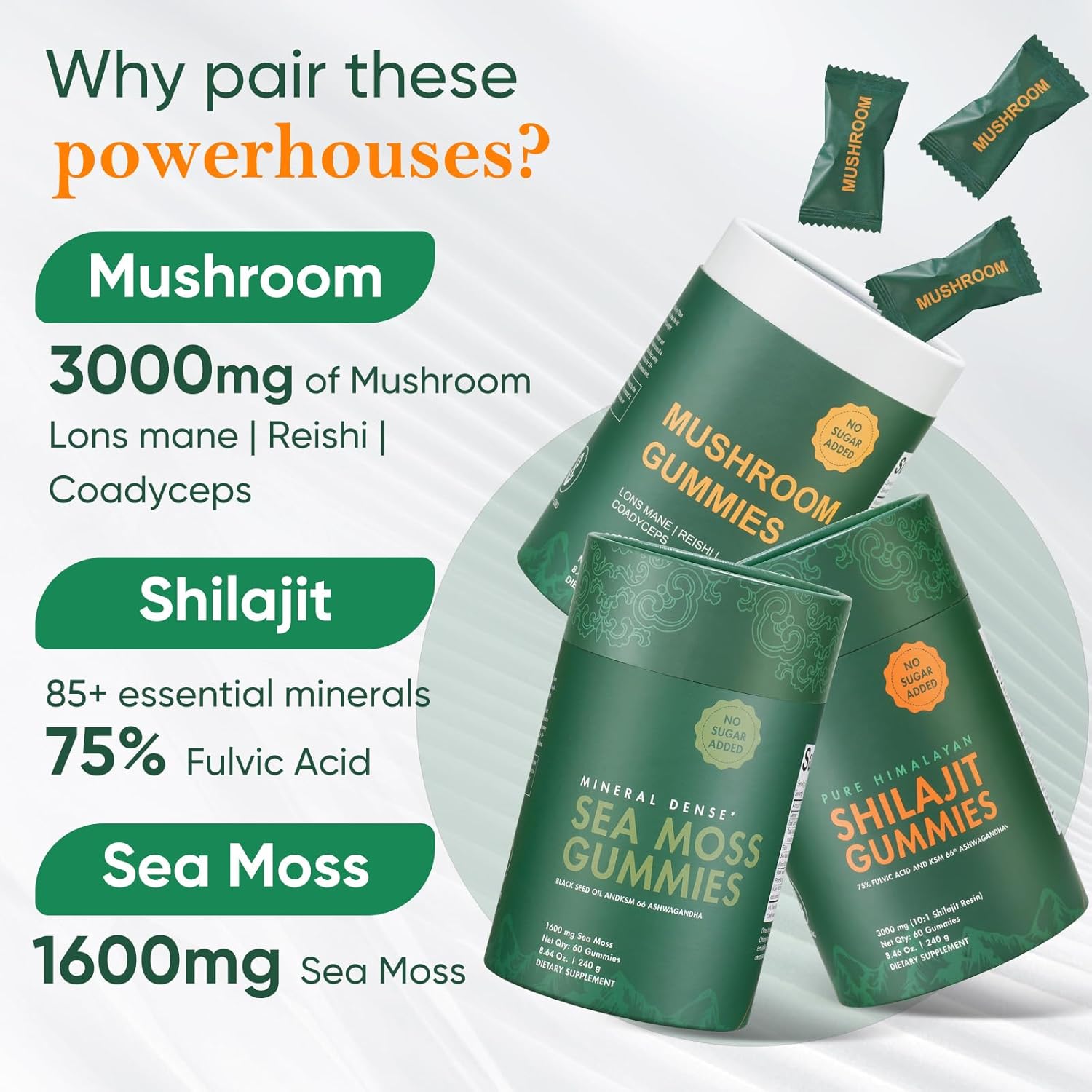 Bundle of Shilajit, Sea Moss & Mushroom Gummies with Lions Mane, Reishi, Cordyceps, Ashwagandha, 75%+ Fulvic Acid, 92+ Minerals All in 1 Supplements (1 Pack)
