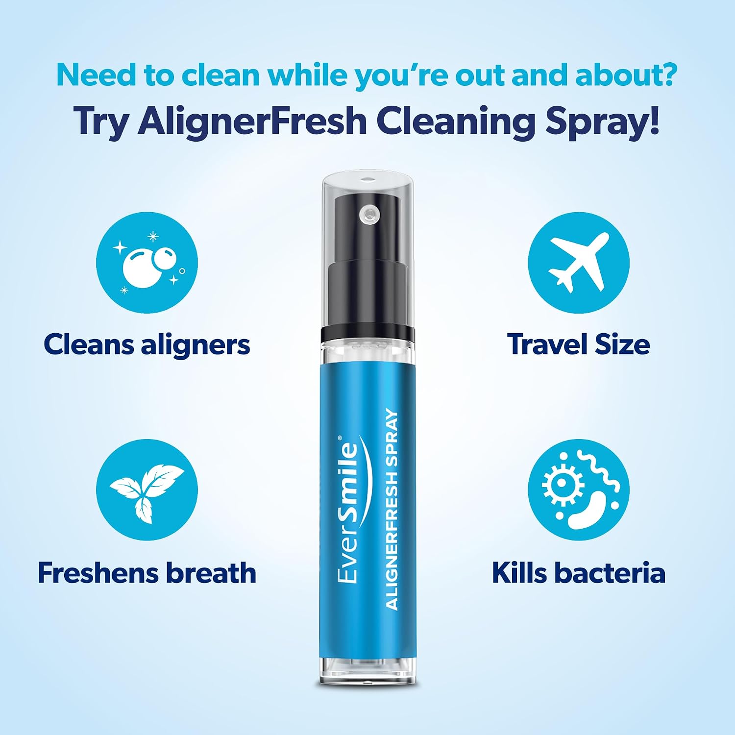 EverSmile AlignerFresh Cleaning Spray for Invisalign and All Clear Aligners and Retainers – On-the-Go Cleaning & Teeth Whitening, Kills Bacteria, Fights Bad Breath – Mint Flavor, 10ml (2 Pack)