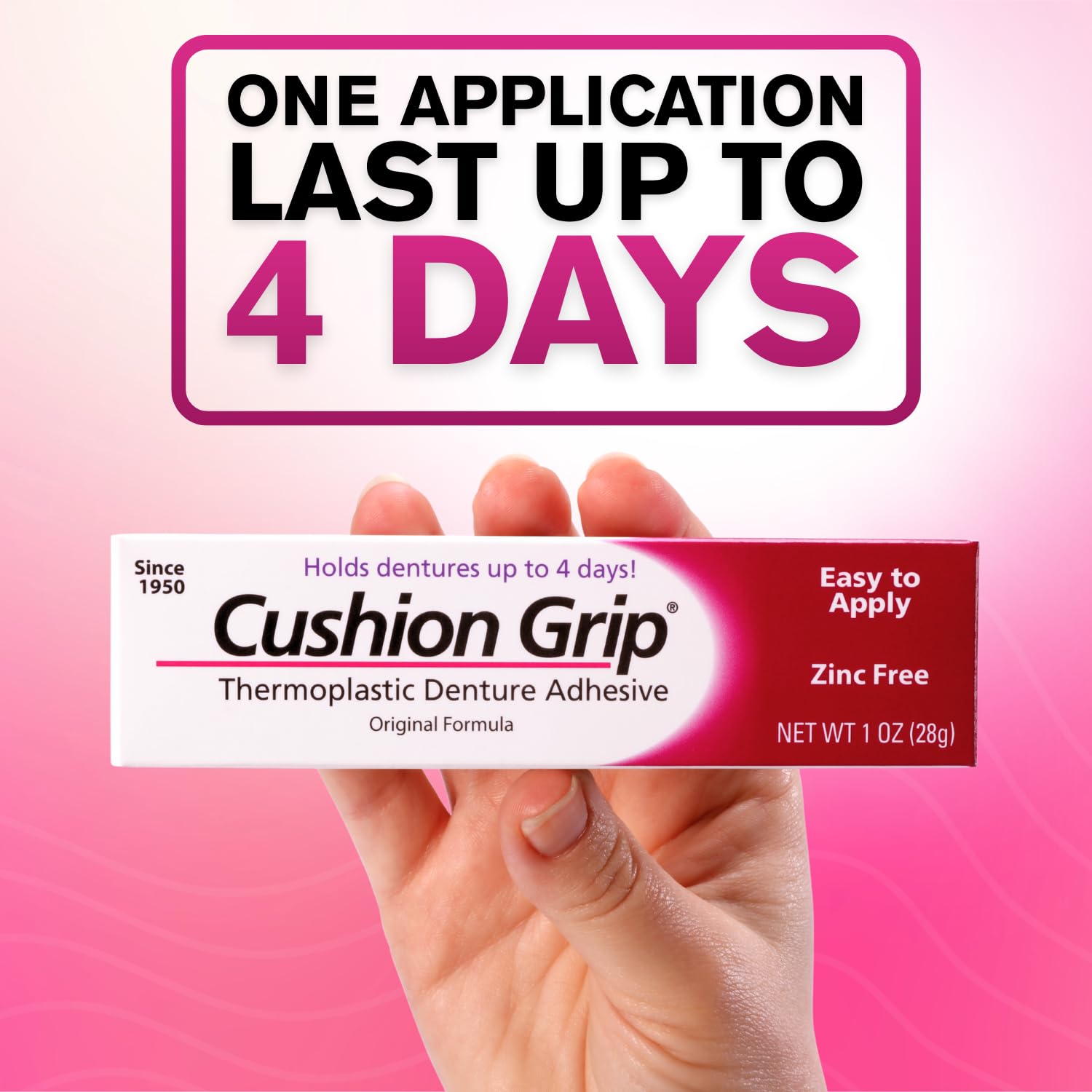 Cushion Grip Thermoplastic Denture Adhesive - Refits & Tightens Dentures | Works Like a Denture Reliner for Secure Fit & Comfort, Holds Up to 4 Days, Glue-Free, Waterproof & Zinc-Free, 1 oz (2 Packs)