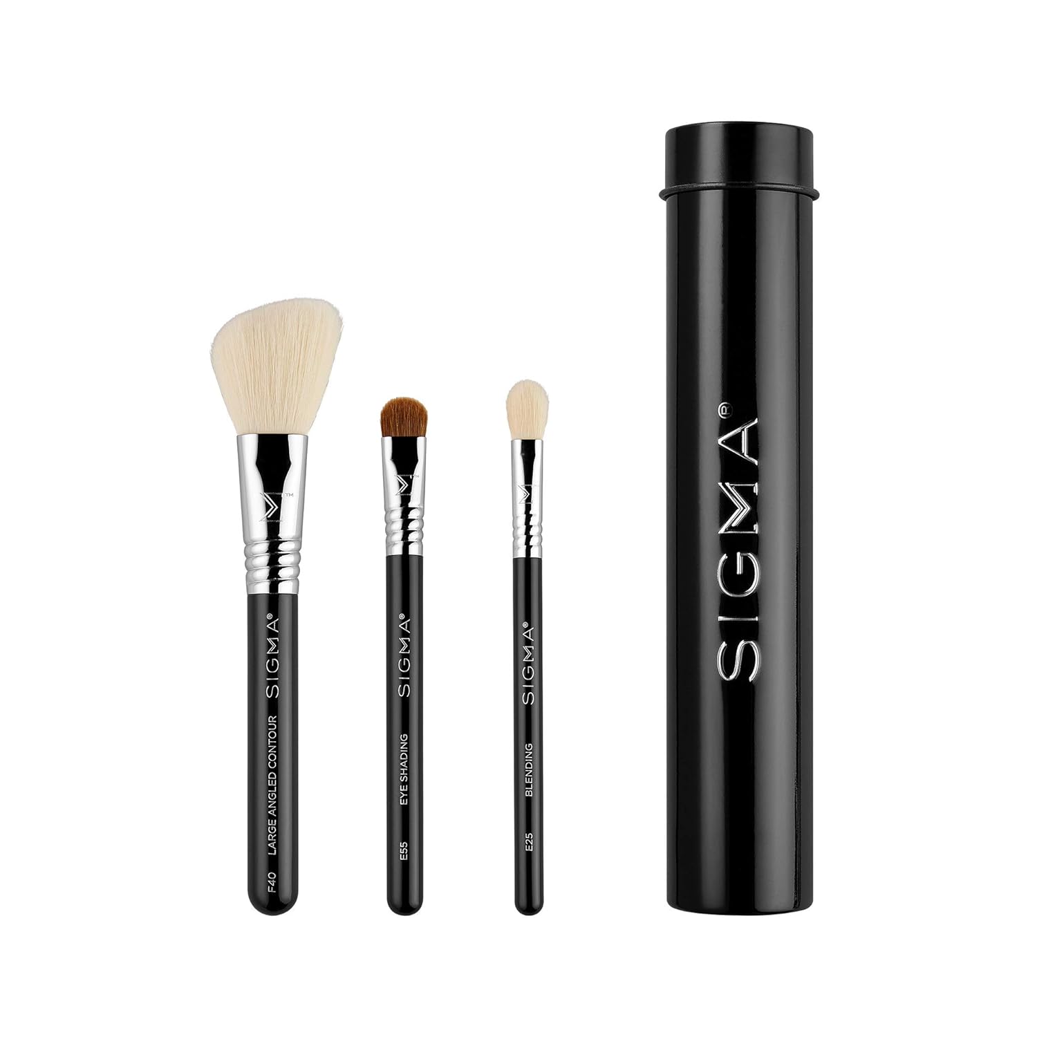 Sigma Beauty Travel Essential Trio - Makeup Brush Set for Foundation Powder Eyeshadow - 3 Tool Brushes with Brush Tin Holder - Skin Safe, Vegan Makeup Brushes for Travel - Black