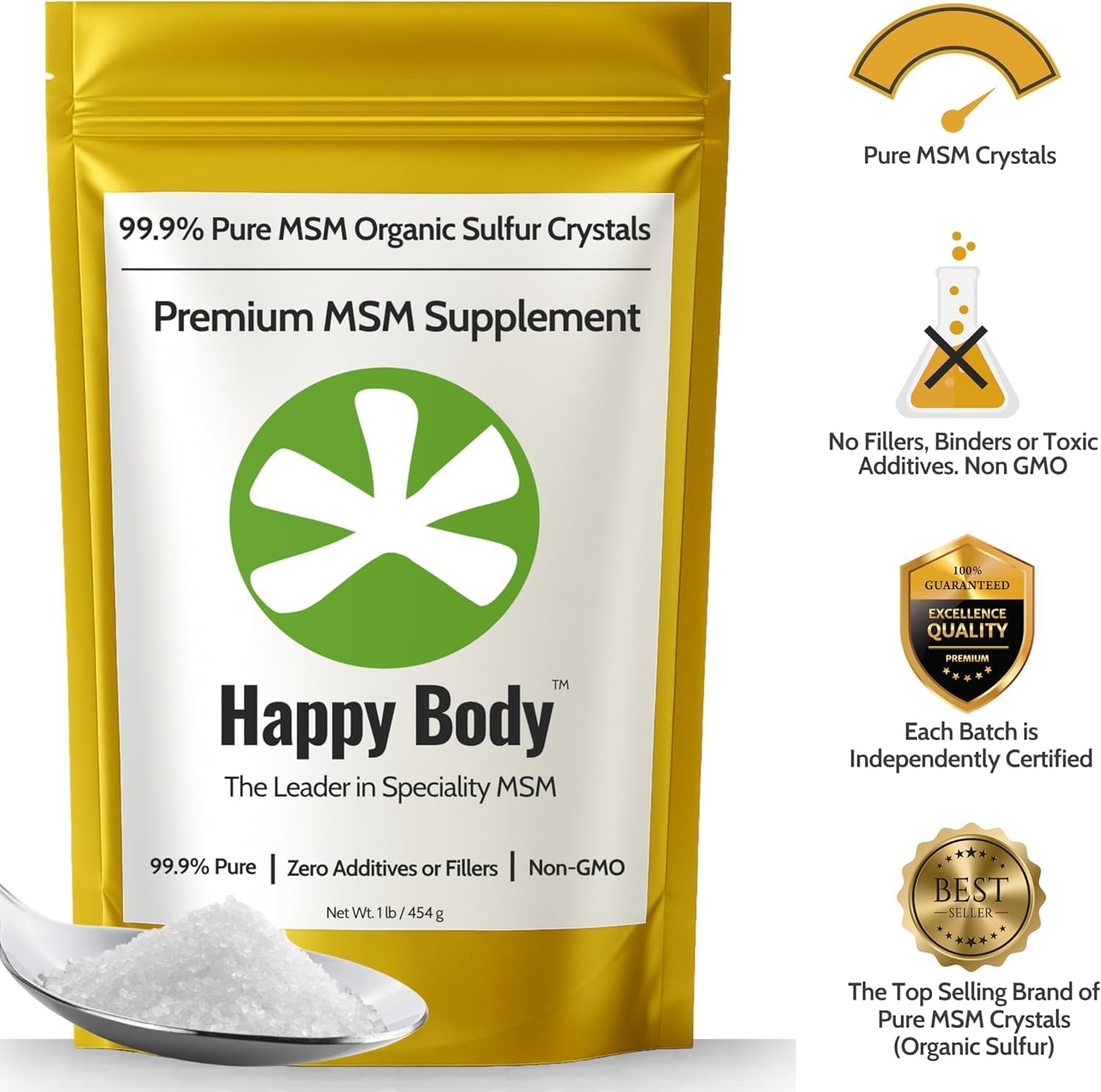 Organic Sulfur Crystals | 99.9% Pure MSM | Joints, Hair & Skin | 1 Pack | Organic Sulfur Crystals | 99.9% Pure MSM | Joints, Recovery, Hair, Skin & Much More | 100% Additive-Free | By Happy Body™