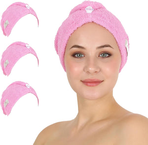 HALLEY Cotton Hair Towel Wrap (3 Packs) Super Absorbent Fast Drying Turbans for Thick, Wet Hair with Button (Black, Grey, Pink)