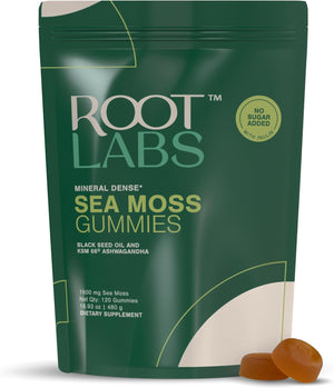 ROOT LABS Sea Moss Gummies I 92+ Minerals I Black Seed Oil I KSM 66 Ashwagandha I Lab Tested I No Added Sugar | for Men, Women I Non-GMO I 100% Natural & Organic I 1600 mg I 60 Gummy