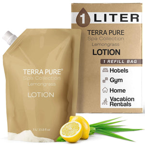 Terra Pure Spa Collection 1 Liter Body Wash Refill Bag For Soap Dispensers | Bulk Toiletries for Vacation Rentals, and Home Bathroom Showers | Green Tea Lemongrass | Set of 3
