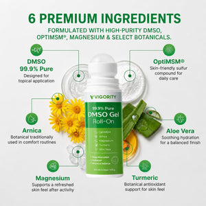 Vigority 99.9% Pure DMSO Roll-On Gel - Premium Skin Conditioning Cream with Aloe Vera, Magnesium, MSM & Botanical Extracts - Fast-Absorbing, Non-Greasy Daily Skin Care - 3.53 oz (100g)