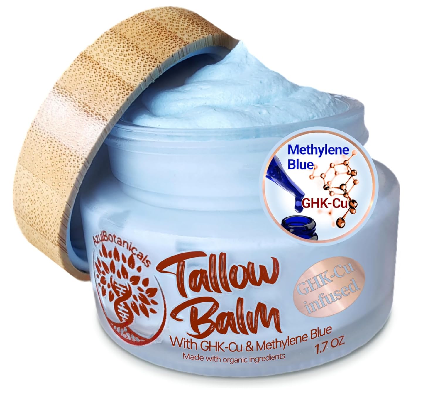 Copper Peptide GHk-Cu & Methylene Blue Infused Whipped Grass Fed Tallow Balm, Fine lines, Wrinkles, Eczema, Acne, Full body Moisturizer, For All Skin, With Organic Ingredients (1.7oz)