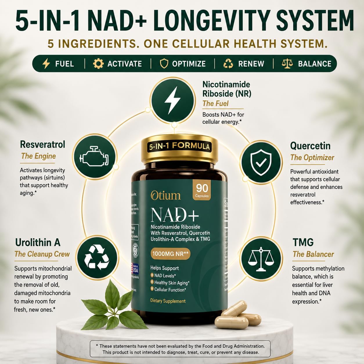 Otium NAD+ Supplement for Women & Men - 1000mg Nicotinamide Riboside with TMG, Resveratrol, Quercetin & Urolithin A | NAD Booster for Cellular Energy, Healthy Aging & Metabolism | 90 Vegan Capsules
