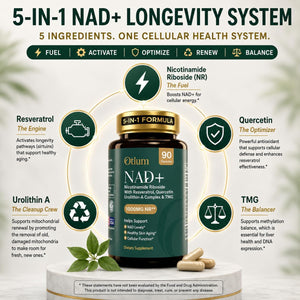 Otium NAD+ Supplement for Women & Men - 1000mg Nicotinamide Riboside with TMG, Resveratrol, Quercetin & Urolithin A | NAD Booster for Cellular Energy, Healthy Aging & Metabolism | 90 Vegan Capsules