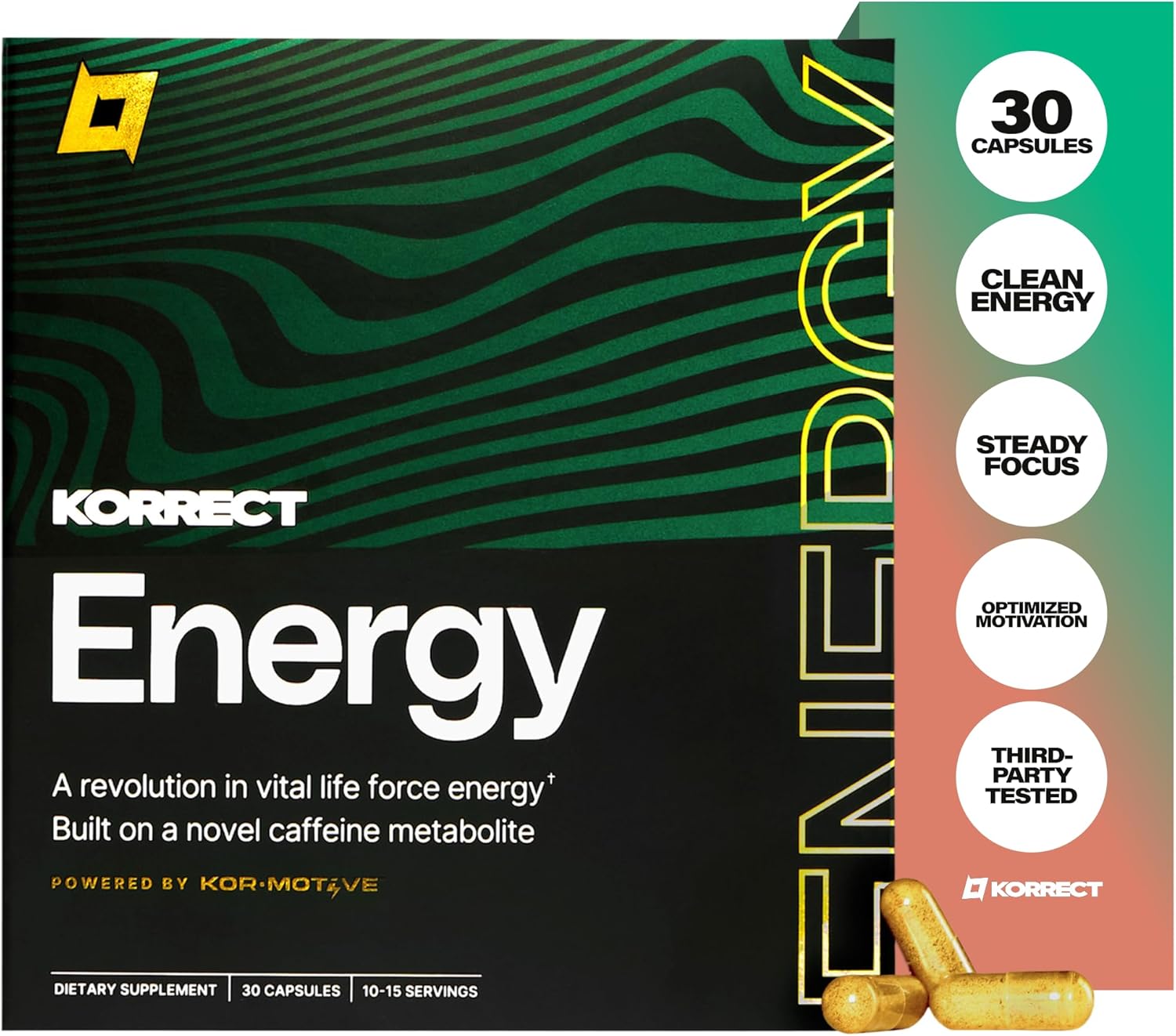 Korrect Energy Paraxanthine Supplement | Clean Energy & Focus Support | Caffeine Alternative for Mental Clarity & Jitter-Free Stamina | Vegan, Gluten Free, Non-GMO | 30 Capsules
